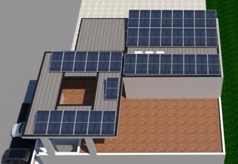 Render de una casa con paneles sobre techo de lámina y teja