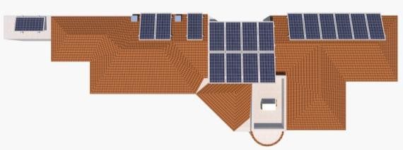 Render tridimensional de una casa de teja con paneles solares